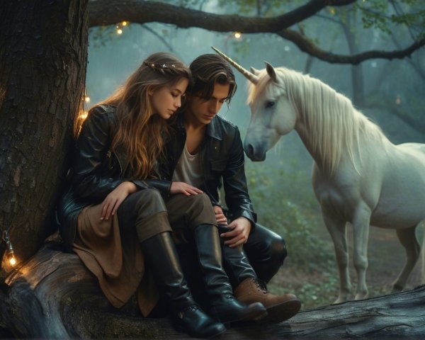 Couple in a mystical forest with a unicorn and lights