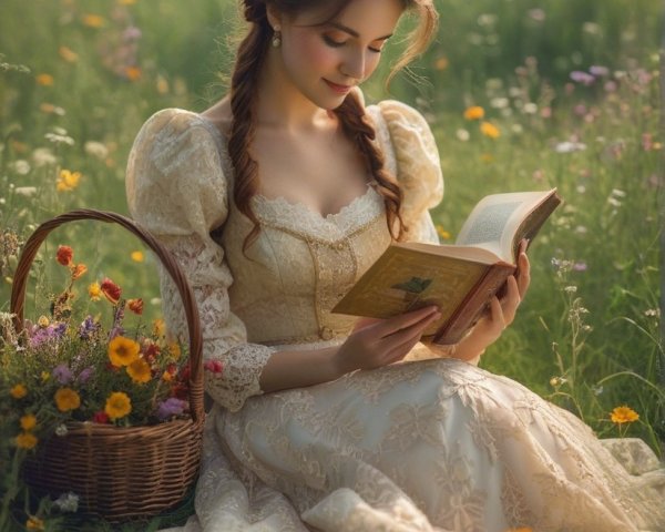 Young woman reading in a vibrant flower meadow