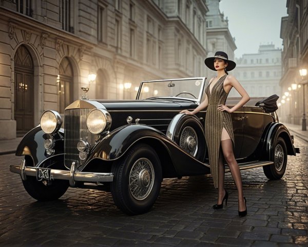 Glamorous Woman in Shimmering Dress by Vintage Convertible