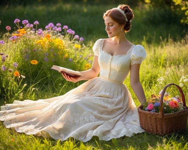 Woman Reading in a Sunlit Meadow with Wildflowers