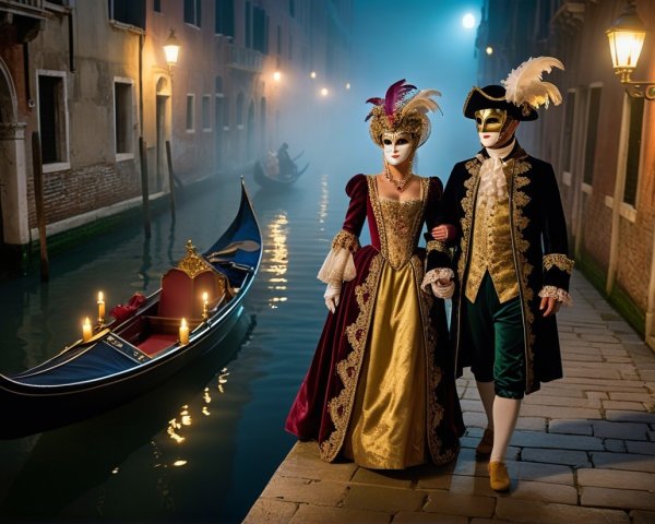 Couple in Historical Attire by Venice Canal at Dusk