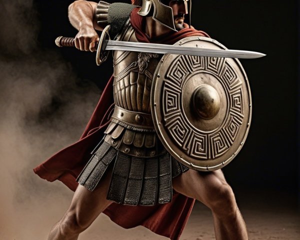 Muscular Ancient Warrior in Ornate Armor and Shield