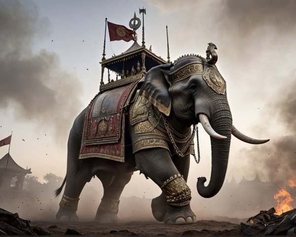 Elephant in Ornate Armor in Dramatic Landscape