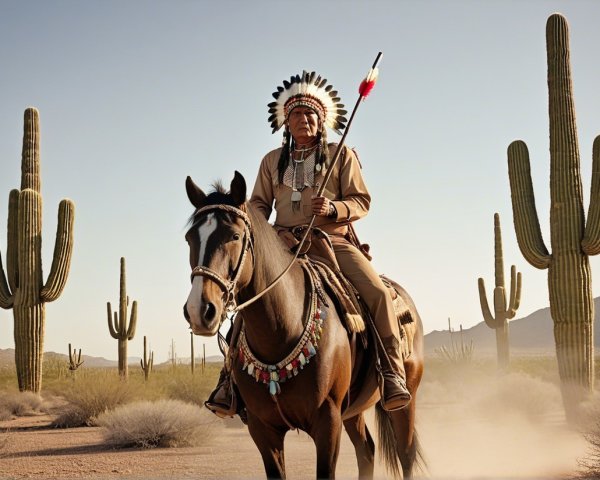 Native American Figure on Horse in Desert Landscape