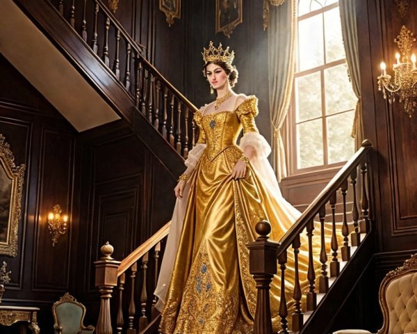 Regal Figure on Ornate Staircase in Golden Gown