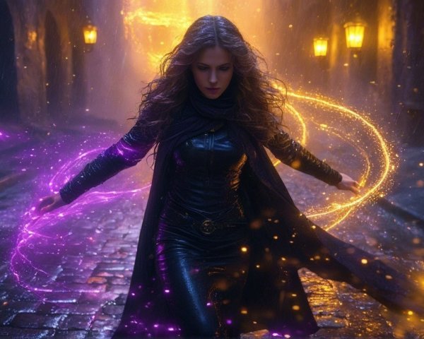 Woman in black with magical energy on cobblestone street