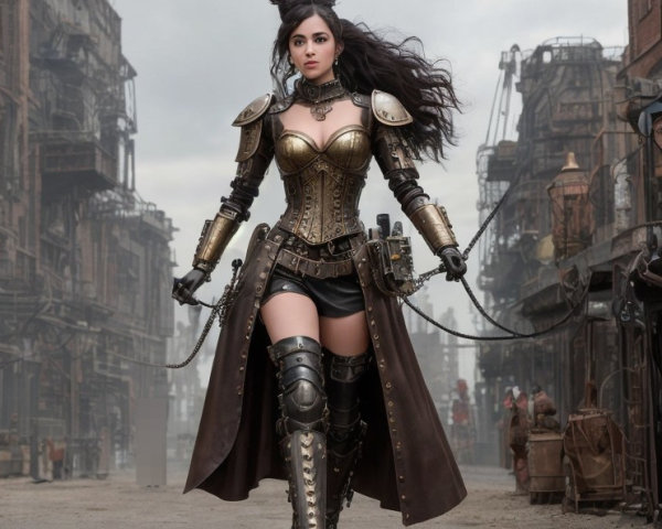 Fierce Female Figure in Steampunk Armor in Industrial Setting