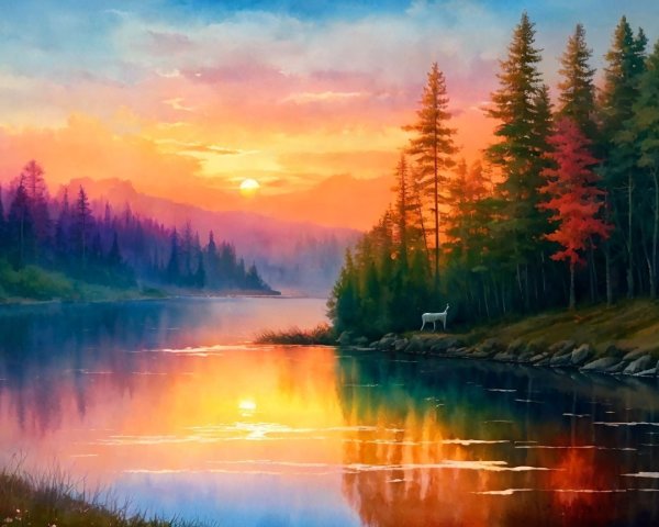 Serene Sunset Landscape with Vibrant Colors and Deer