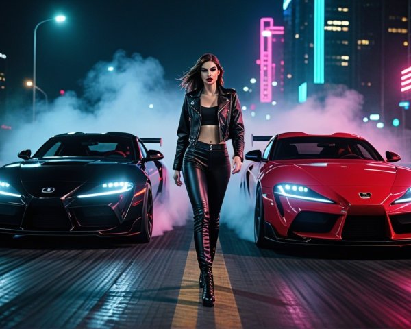Confident Woman in Neon Urban Setting with Sports Cars