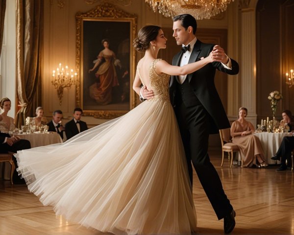 Elegant ballroom dance scene with formal attire and decor