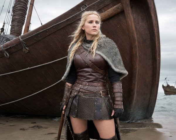 Warrior on Beach by Wooden Ship in Rugged Armor
