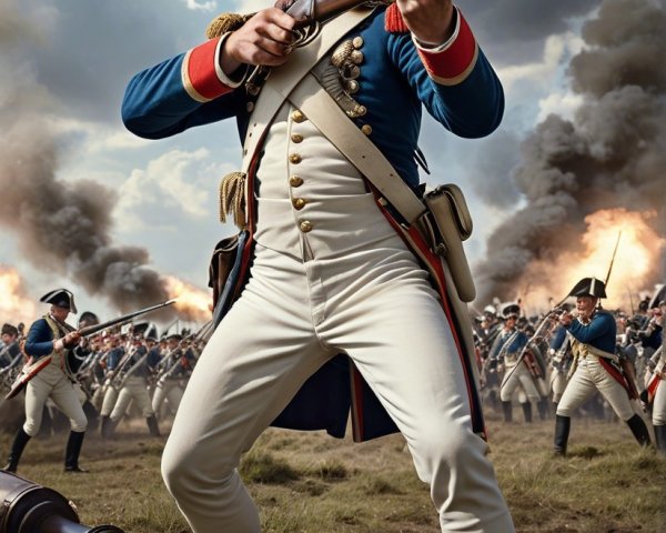 Historic Soldier in Uniform with Musket on Battlefield