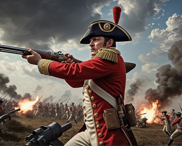 Soldier in Red Uniform Aiming Musket on Battlefield