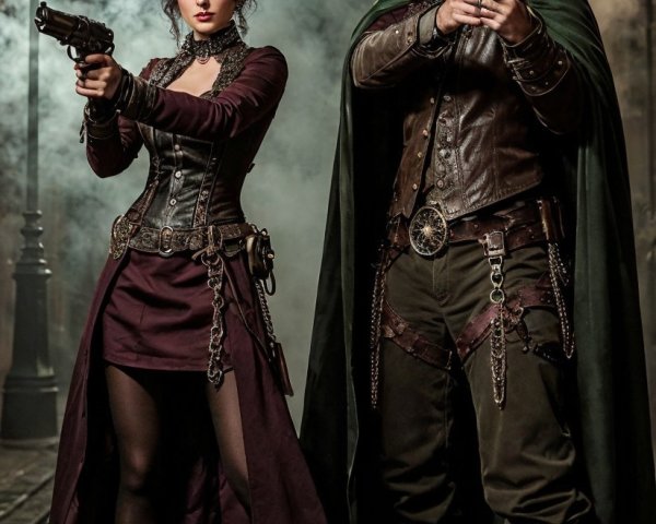 Steampunk Characters in Foggy Street Scene