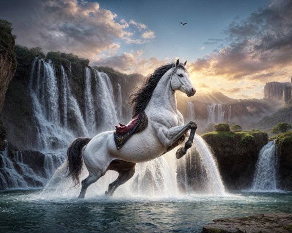 White Horse Leaping Through Waterfall at Sunset