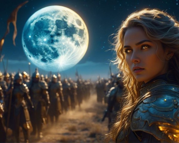 Warrior Woman and Soldiers in Moonlit Battle Scene