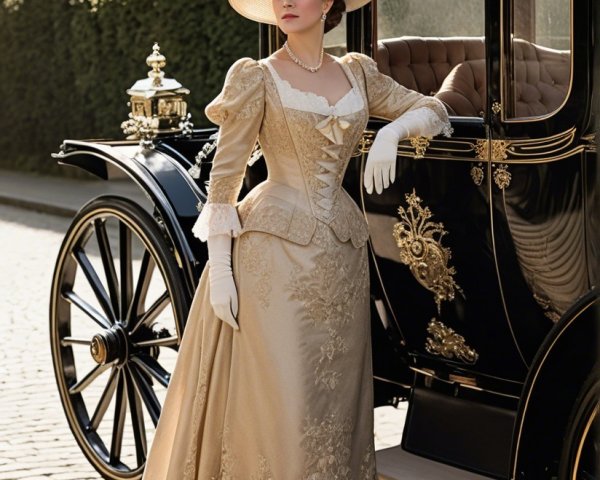 Elegant Woman in Vintage Gown by Horse-Drawn Carriage