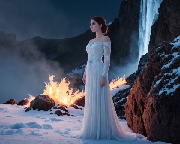 Woman in White Dress by Waterfall and Flames