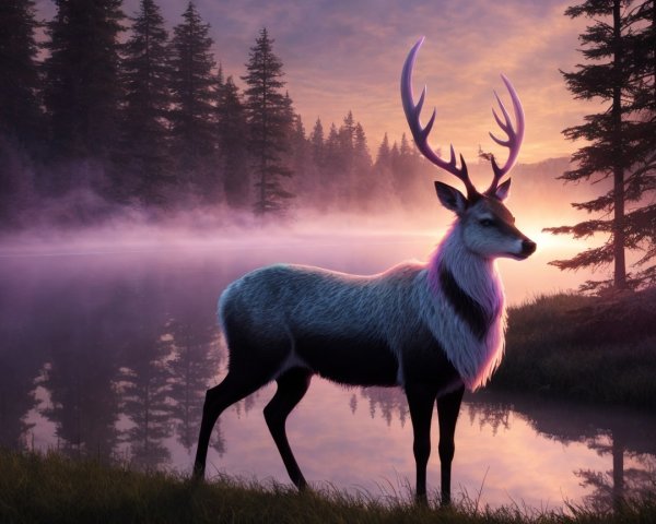 Majestic deer by tranquil lake at dawn with mist