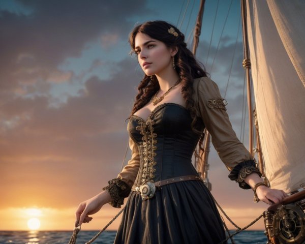 Young Woman in Vintage Pirate Attire at Sunset on Ship