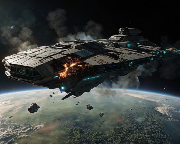 Futuristic Damaged Spaceship in Space with Earth Background