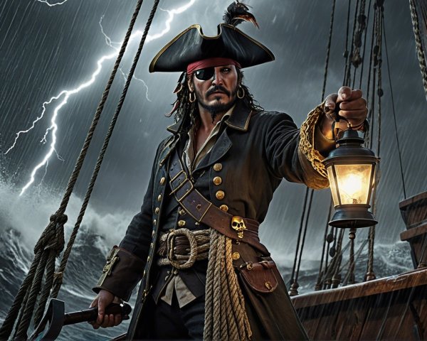 Rugged Pirate at Ship Helm Amidst Stormy Sea