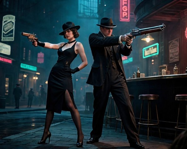 Vintage Speakeasy Scene with Stylish Characters and Guns