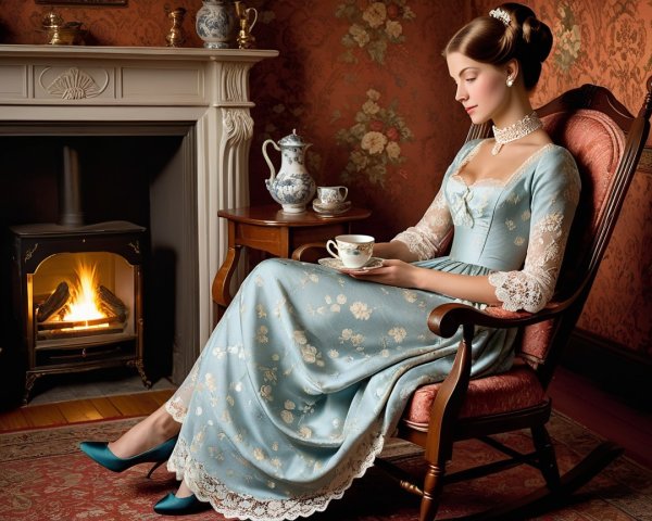 Vintage Woman in Floral Gown Relaxing by Fireplace