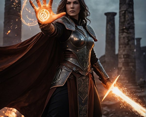 Fierce Female Warrior in Dramatic Landscape with Armor