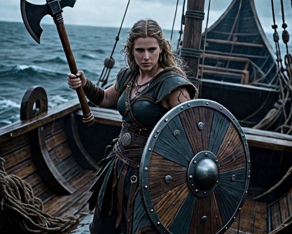 Viking Warrior on Ship with Axe and Shield in Stormy Sea