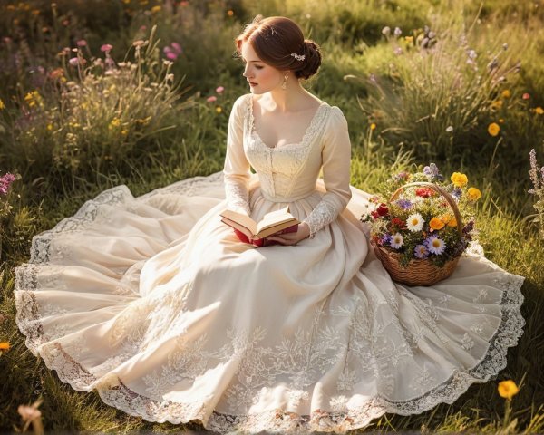 Young Woman in Vintage Gown on Lush Meadow