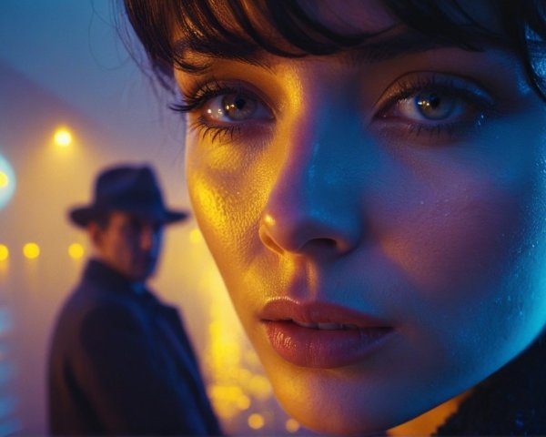 Close-up of a Woman in Neon-lit Cinematic Setting