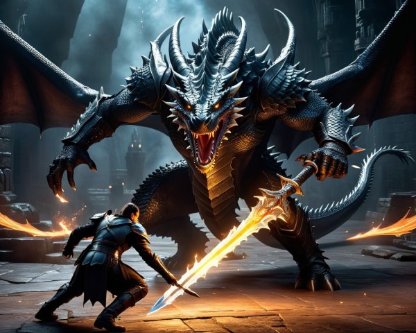 Dragon and Warrior Prepare for Epic Battle in Hall