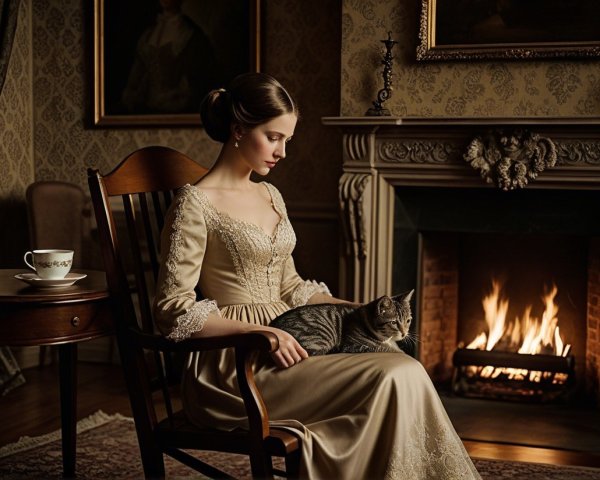 Elegant Room with Woman, Cat, and Fireplace