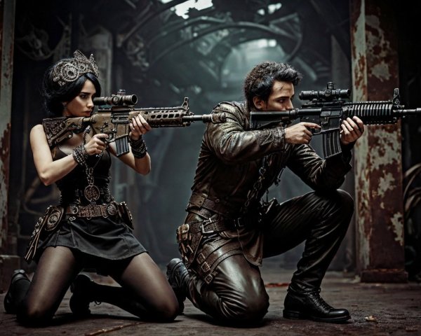Duo in Dark Setting with Weapons and Intense Expressions