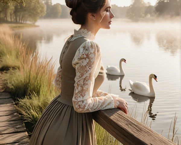 Young Woman in Vintage Gown by Serene Lake