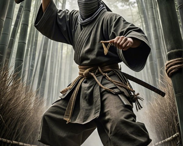 Ninja in Bamboo Forest with Katana and Mist