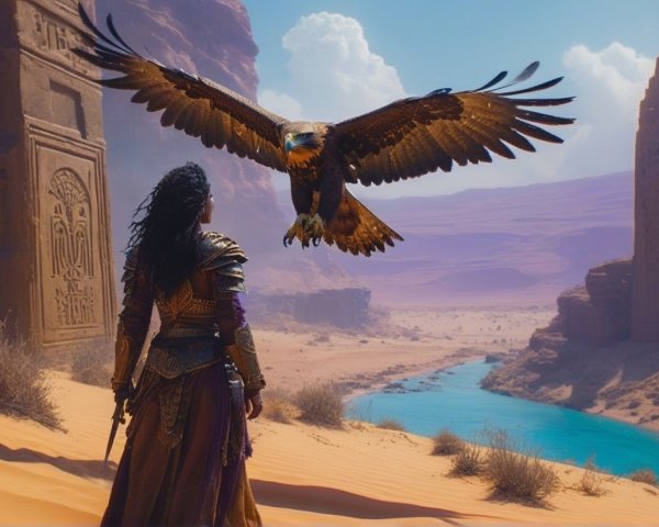 Lone Figure in Desert with Eagle and Ancient Structures