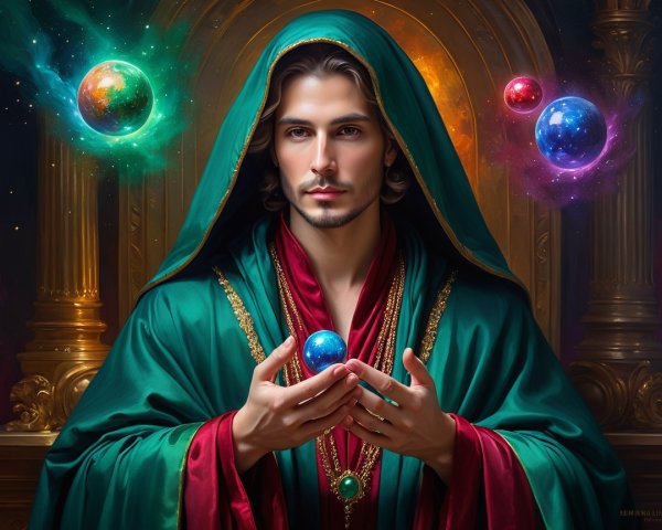 Mystic figure in emerald cloak with shimmering orb