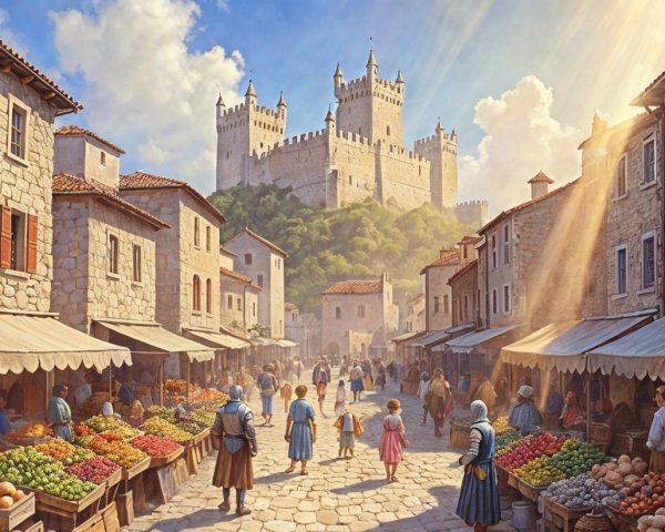 Medieval Marketplace with Fresh Produce and Community Life