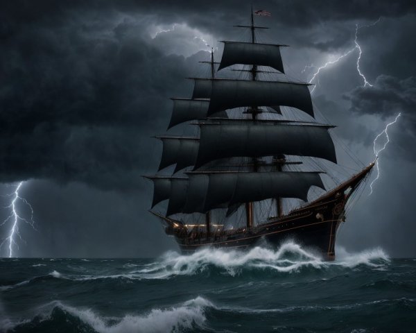Tall Ship Navigates Stormy Seas with Black Sails