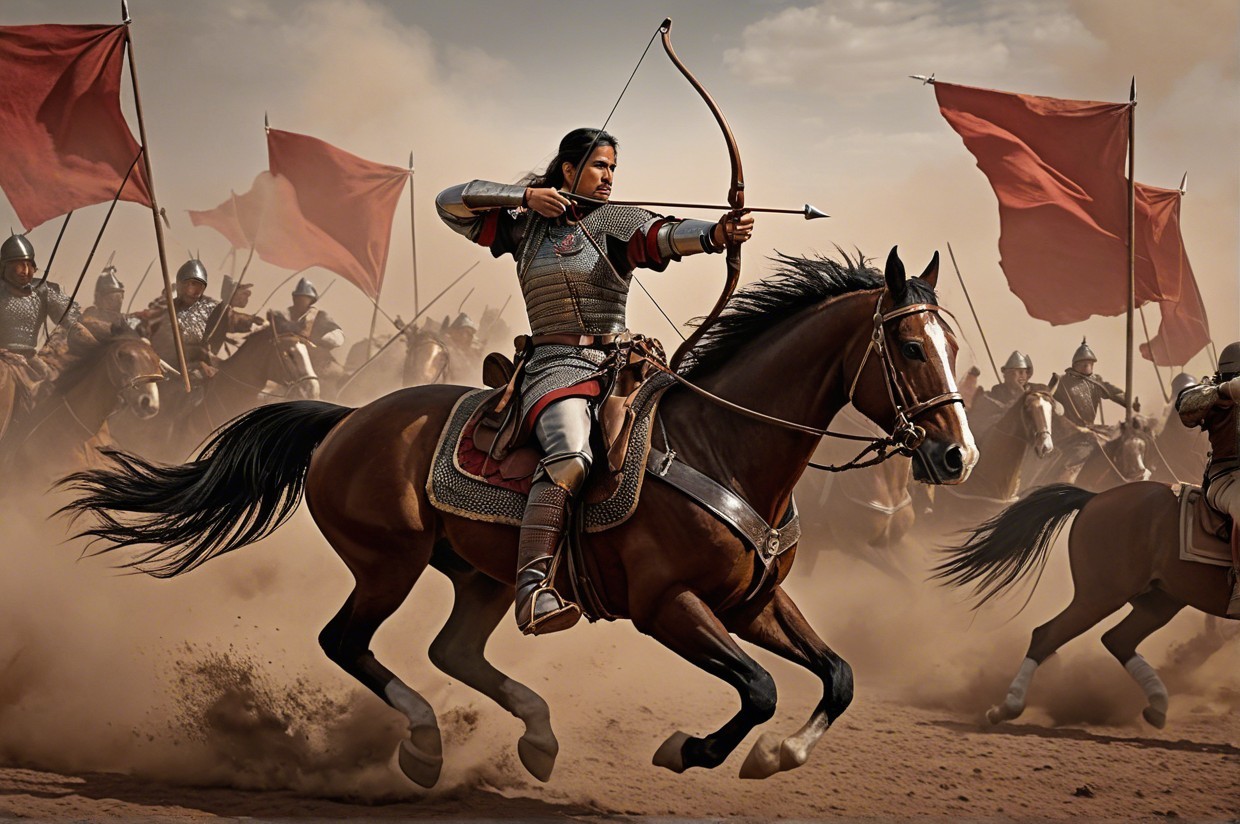 Warrior on Horse with Bow in Chaotic Battlefield Scene