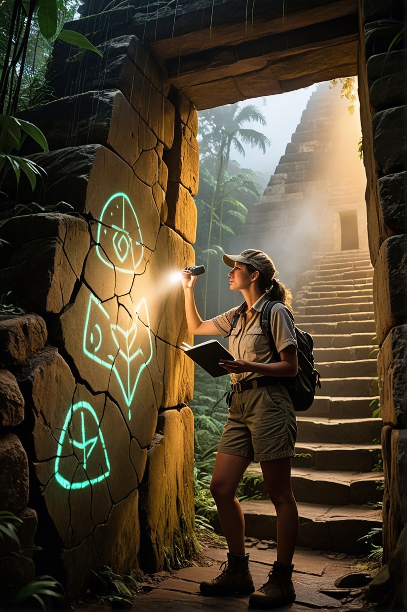 Young Explorer in Misty Rainforest with Ancient Symbols