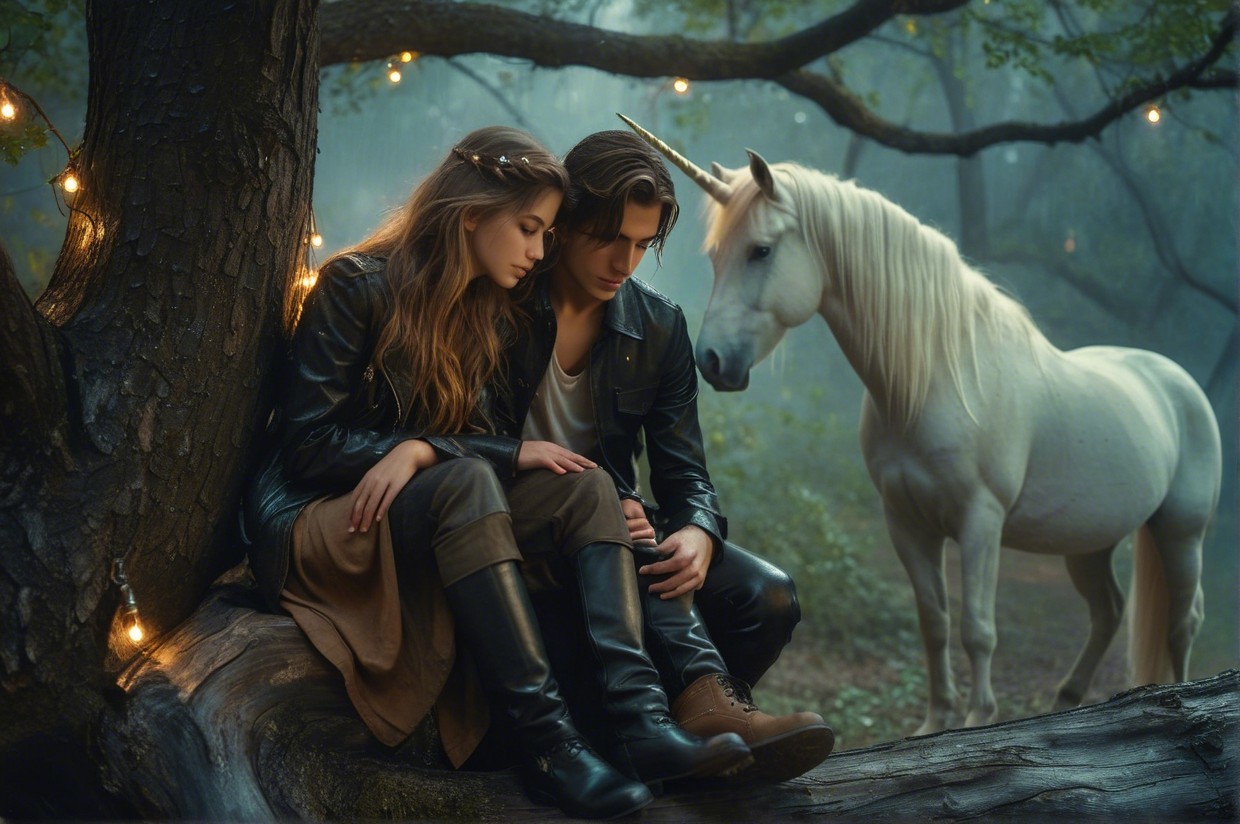 Couple in a mystical forest with a unicorn and lights