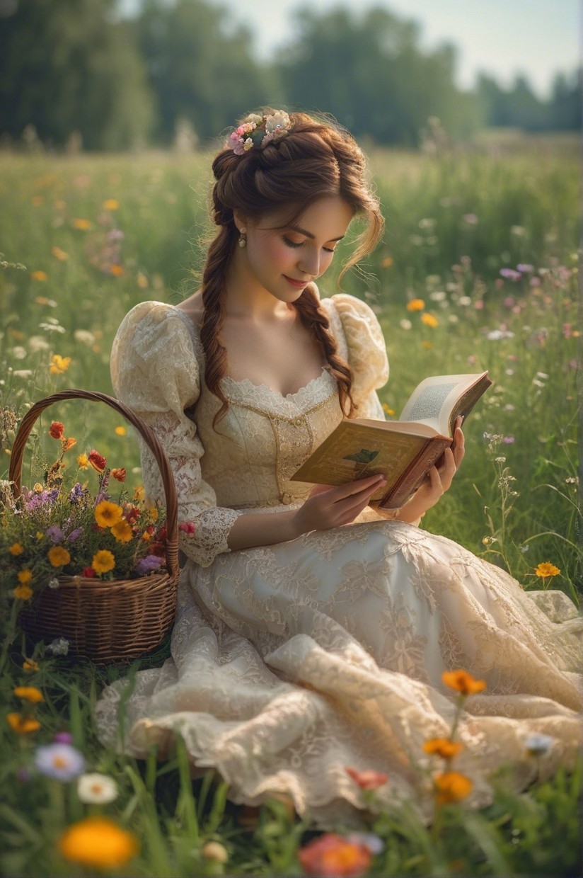 Young woman reading in a vibrant flower meadow