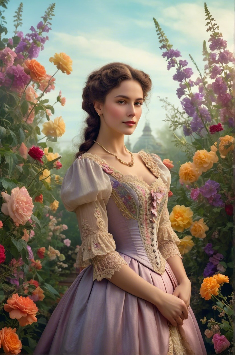 Young Woman in Elegant Gown Surrounded by Flowers