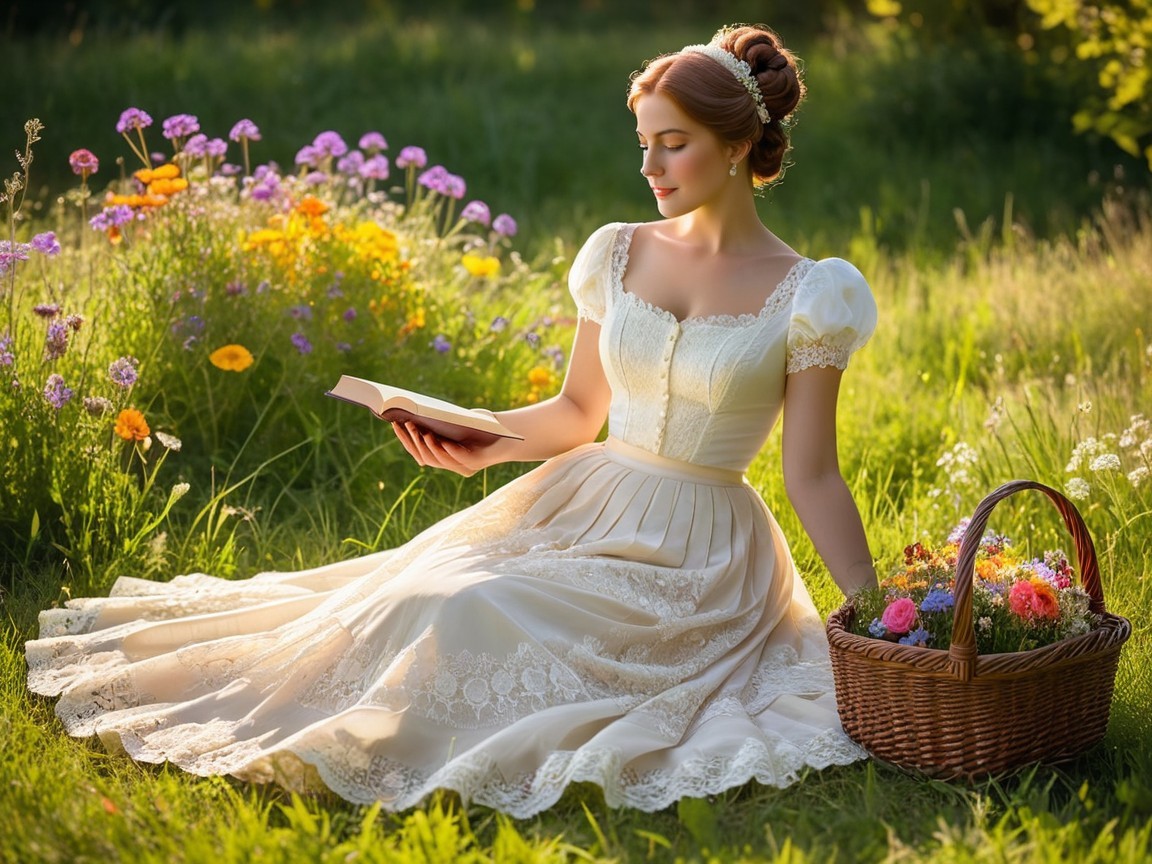 Woman Reading in a Sunlit Meadow with Wildflowers