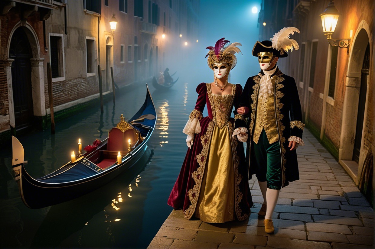Couple in Historical Attire by Venice Canal at Dusk