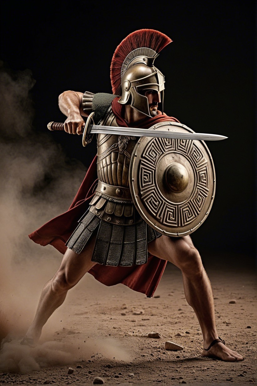 Muscular Ancient Warrior in Ornate Armor and Shield