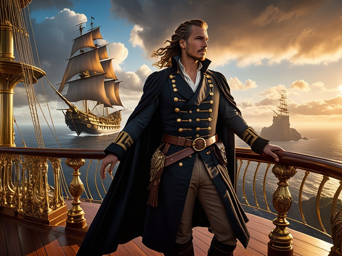 Confident Pirate Captain on Ship at Sunset
